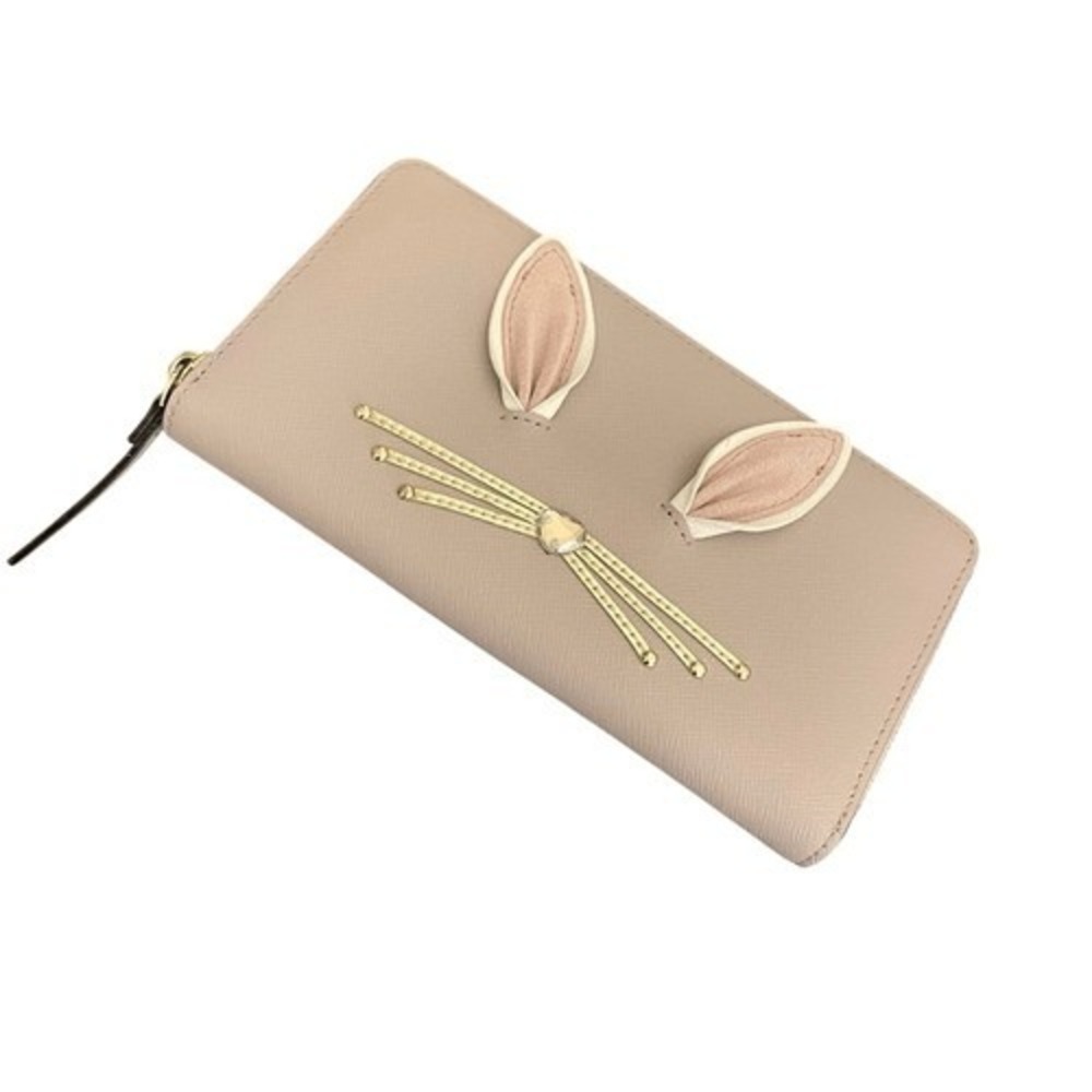 Kate Spade Bunny Rabbit Saffiano Leather Zip Around Wallet Beige Pom Pom Tail